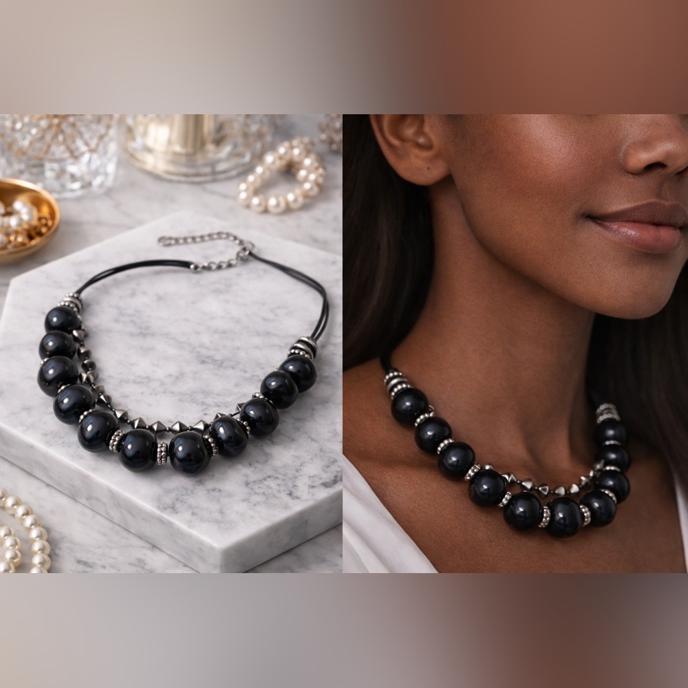 Vintage Black Beaded Gemstone Necklace